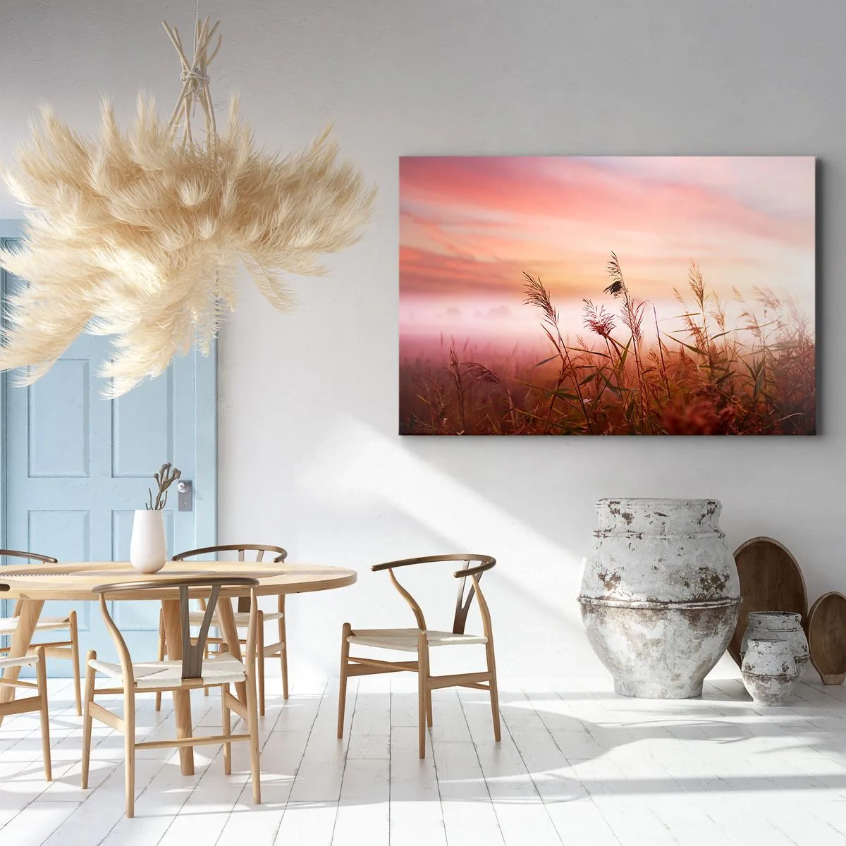 Obraz na plátne - Trávnaté pole na pozadí malebného západu slnka - 70x50cm - Draci, púpavy a vietor - Moderná nástenná dekorácia do obývacej izby a spálne ARTTOR