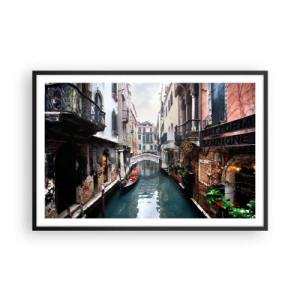 Plagát v čiernom ráme - Benátska krajina s gondolou a mostíkom - 91x61 cm