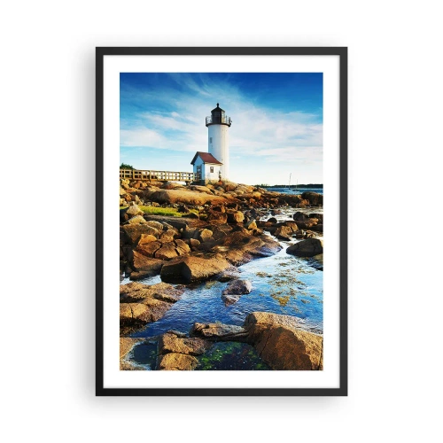 Plagát v čiernom ráme - Maják na skalnatom pobreží za slnečného dňa - 50x70cm - Vráťte sa šťastne, čakám - Moderná nástenná dekorácia do obývacej izby a spálne ARTTOR