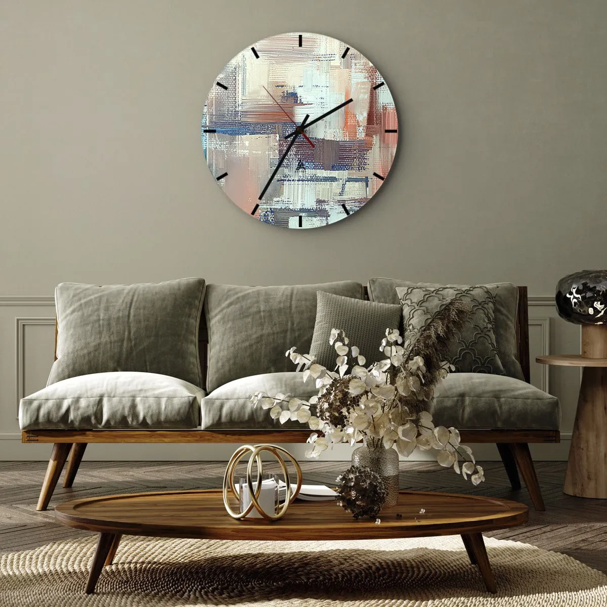 Nástenné hodiny - Abstraktná kompozícia ťahov štetcom v pastelových farbách. - 30x30cm - Dostať sa k svetlu - Moderná nástenná dekorácia do obývacej izby, kuchyne a spálne ARTTOR