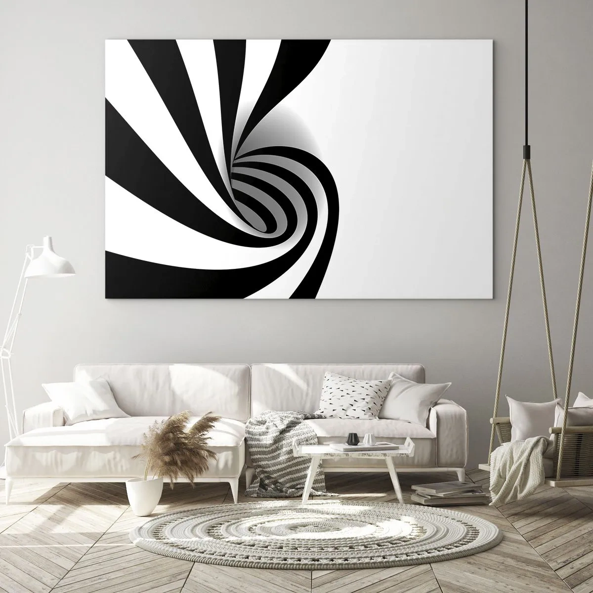 Obraz na skle - Abstraktná špirála v čiernej a bielej farbe s dynamickým tvarom - 70x50cm - A predsa sa točí - Moderná nástenná dekorácia do obývacej izby a spálne ARTTOR