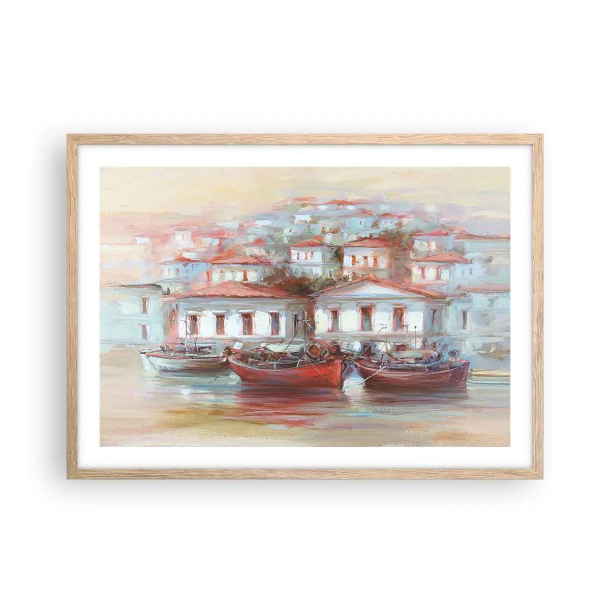 Plagát v ráme zo svetlého duba - Šťastné mestečko - 70x50 cm