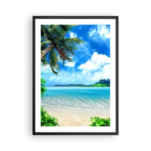 Plagát v čiernom ráme - Tropická pláž s palmami a azúrovým morom - 50x70cm - Lazúr trópov - Moderná nástenná dekorácia do obývacej izby a spálne ARTTOR