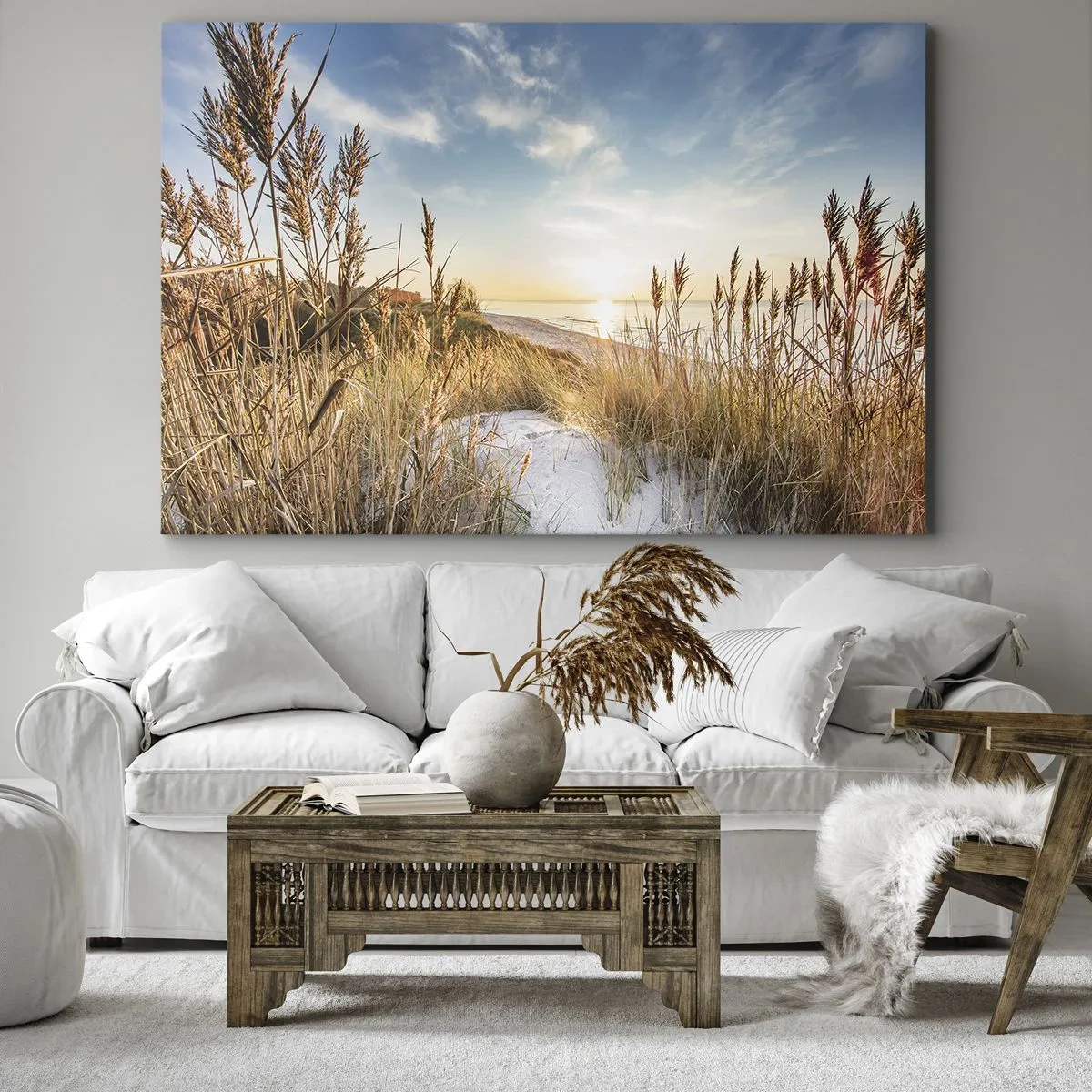 Obraz na plátne - Malebná pláž s trávou a zapadajúcim slnkom - 70x50cm - Severná pláž - Moderná nástenná dekorácia do obývacej izby a spálne ARTTOR