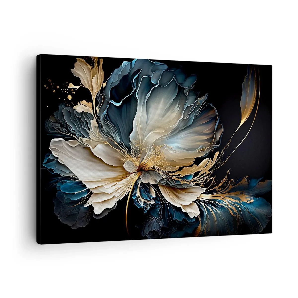 Obraz na plátne - Kvet v odtieňoch zlatej a tmavomodrej na čiernom pozadí - 70x50cm - Rozprávkový kvet papradia - Moderná nástenná dekorácia do obývacej izby a spálne ARTTOR