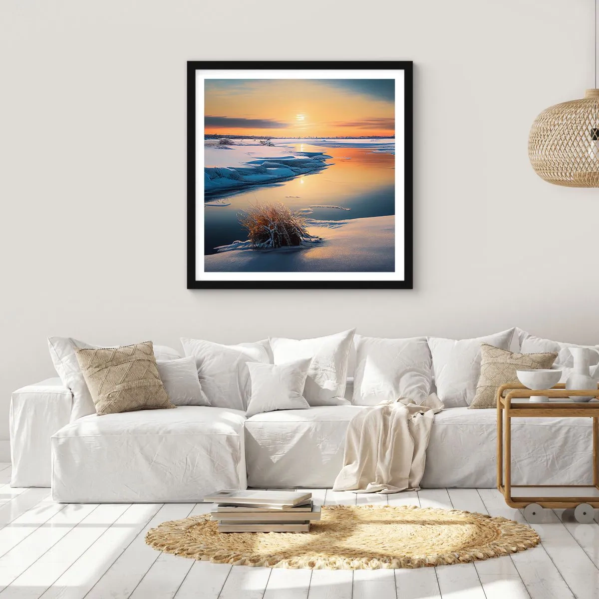 Plagát v čiernom ráme - Zimný západ slnka - 60x60 cm