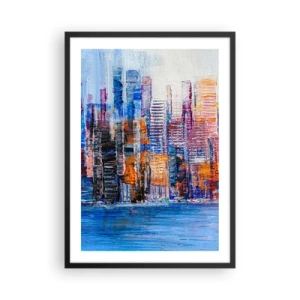 Plagát v čiernom ráme - Abstraktná panoráma mesta v intenzívnych farbách - 50x70cm - Radostná metropola - Moderná nástenná dekorácia do obývacej izby a spálne ARTTOR