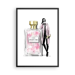 Plagát v čiernom ráme - Elegantná fľaštička na parfum so siluetou štýlovej ženy - 50x70cm - Parížska zmyselnosť - Moderná nástenná dekorácia do obývacej izby a spálne ARTTOR