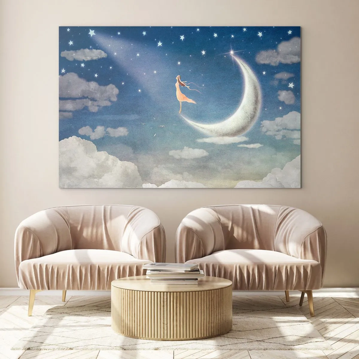 Obraz na skle - Žena v splývavých šatách stojaca na mesiaci na hviezdnej oblohe. - 70x50cm - Modrá koketa - Moderná nástenná dekorácia do obývacej izby a spálne ARTTOR
