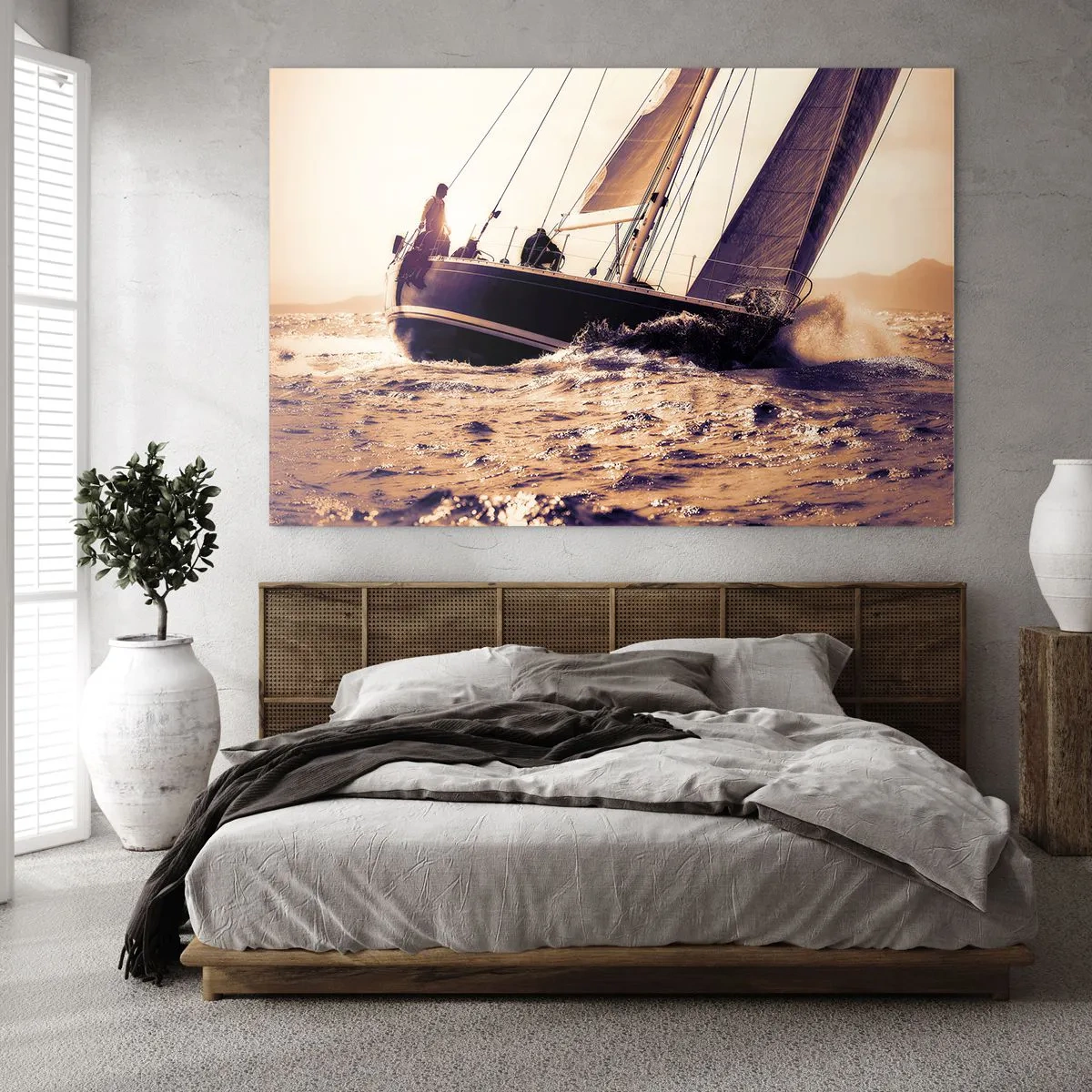 Obraz na skle - Plachetnica na rozbúrenom mori v teplých odtieňoch - 70x50cm - Plav, námorník - Moderná nástenná dekorácia do obývacej izby a spálne ARTTOR