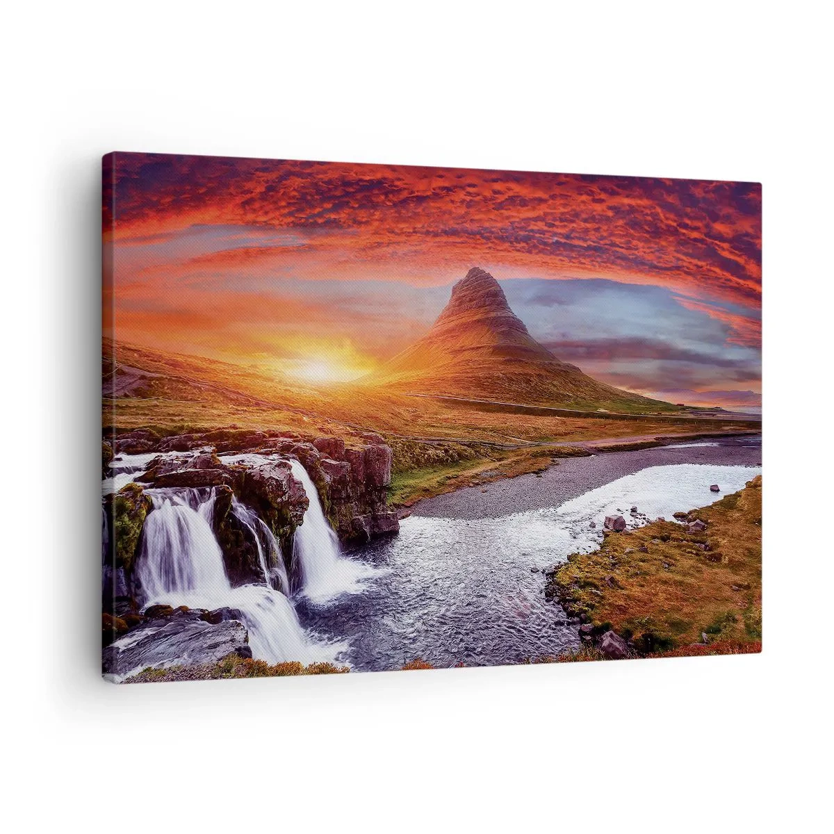 Obraz na plátne - Horská scenéria s vodopádom pri západe slnka - 70x50cm - Pohľad na Stredozem - Moderná nástenná dekorácia do obývacej izby a spálne ARTTOR