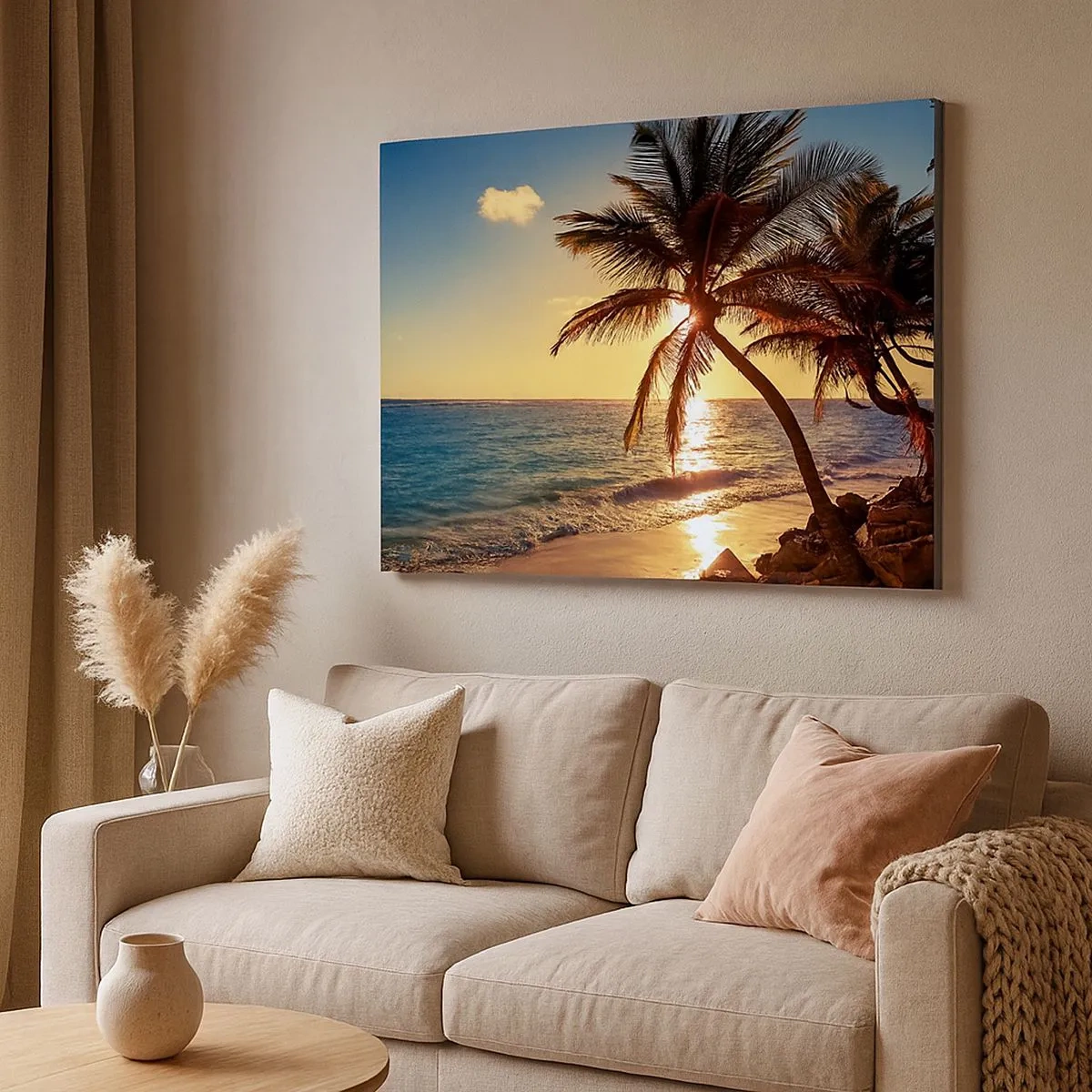 Obraz na plátne - Tropický západ slnka nad plážou s palmami - 70x50cm - Leto pod palmami - Moderná nástenná dekorácia do obývacej izby a spálne ARTTOR