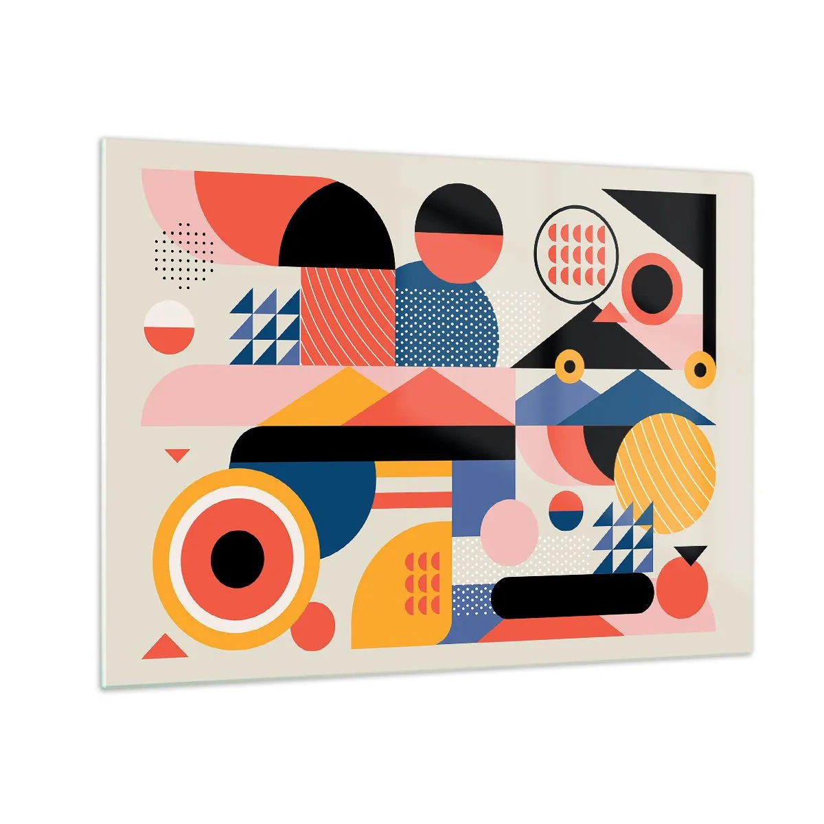 Obraz na skle - Farebná geometrická abstrakcia s kruhmi a trojuholníkmi - 70x50cm - Kompozícia: poďme sa hrať - Moderná nástenná dekorácia do obývacej izby a spálne ARTTOR