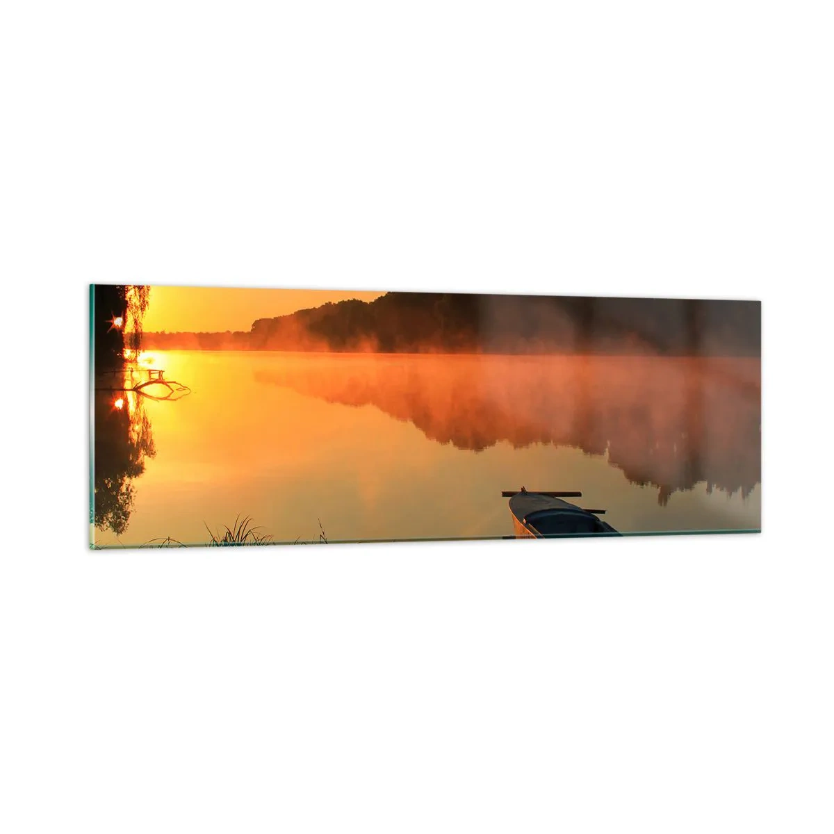 Obraz na skle - Východ slnka pri vode ako povrch zrkadla - 90x30 cm