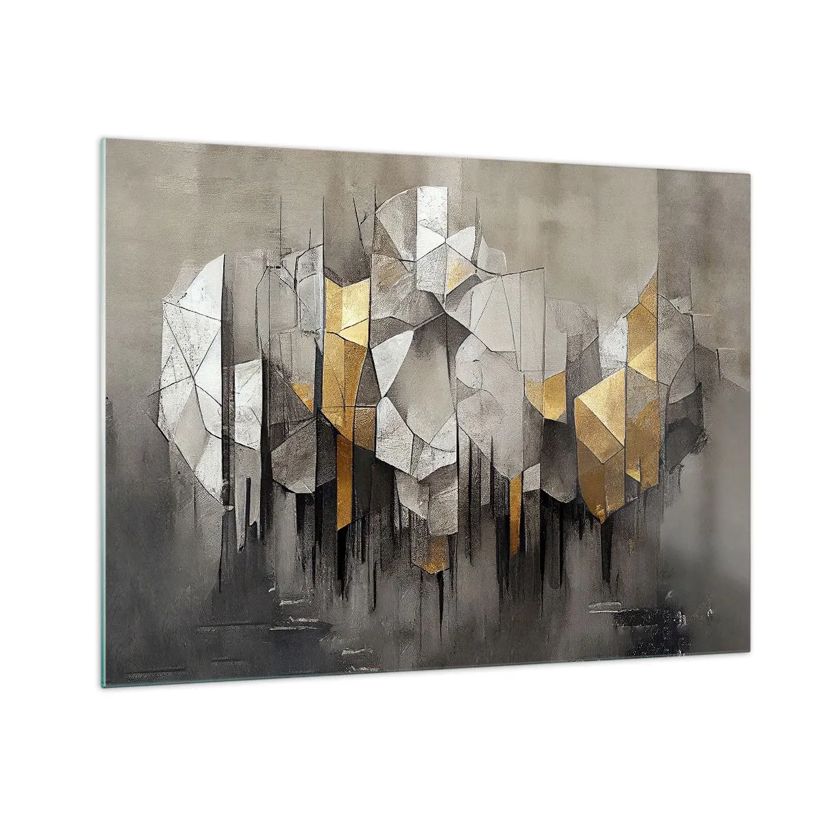 Obraz na skle - Abstraktné tvary v odtieňoch sivej, bielej a zlatej - 70x50cm - Kompozícia z ľadu a svetla - Moderná nástenná dekorácia do obývacej izby a spálne ARTTOR