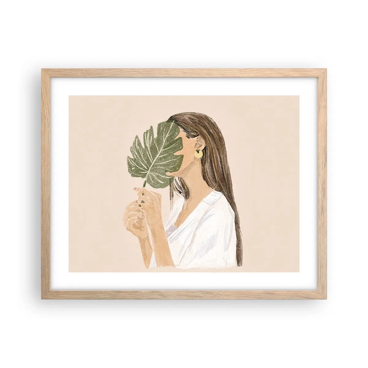 Plagát v ráme zo svetlého duba - Tajomný portrét s vejárom - 50x40 cm