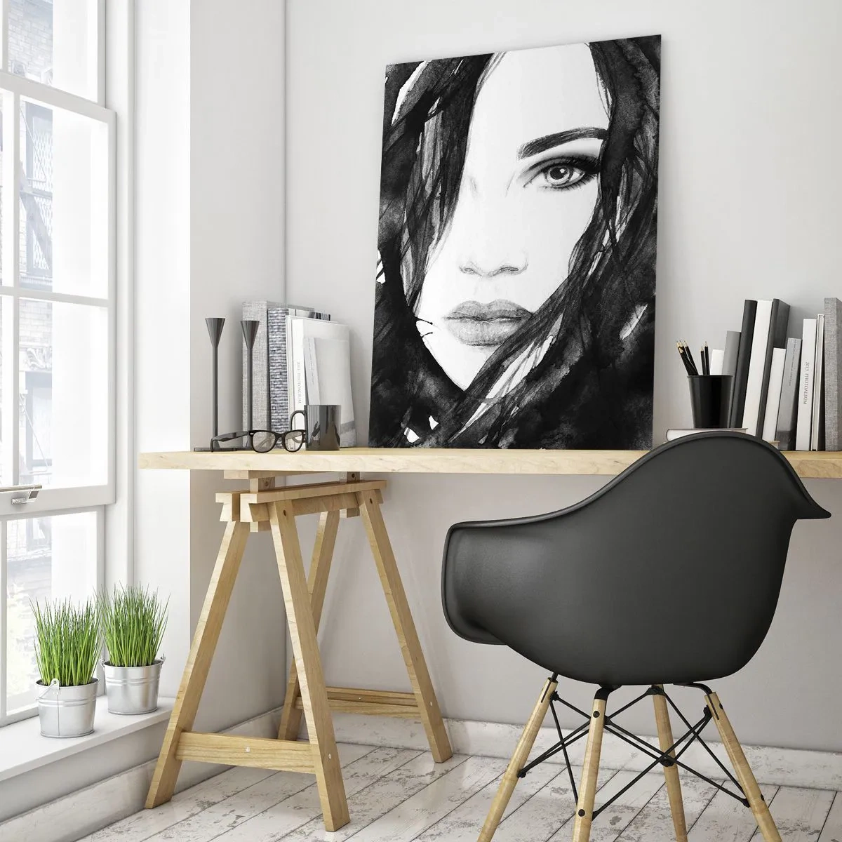 Obraz na skle - Portrét dámy v čiernej a bielej - 50x70 cm