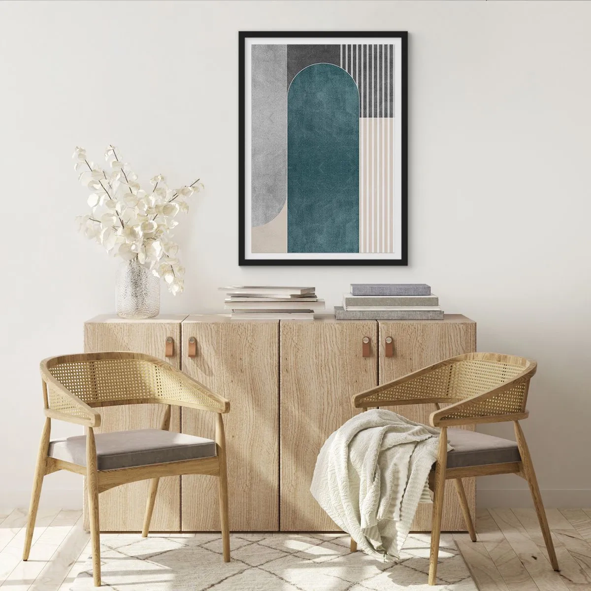 Plagát v čiernom ráme - Geometrická kompozícia v odtieňoch zelenej a sivej - 50x70cm - Kompozícia na úrovni - Moderná nástenná dekorácia do obývacej izby a spálne ARTTOR