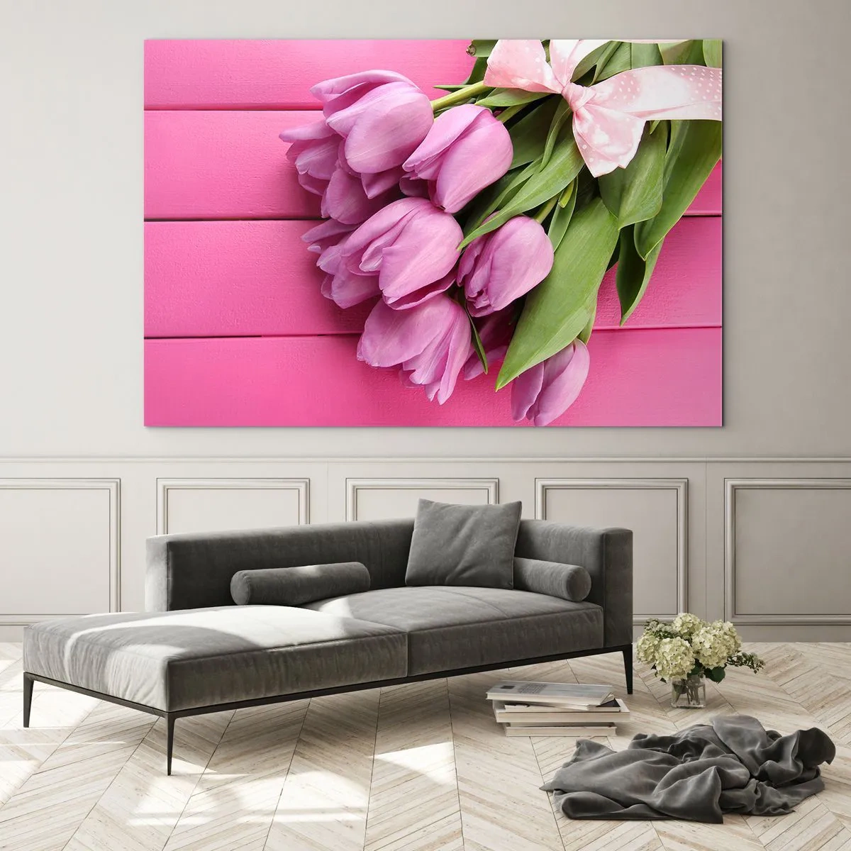 Obraz na skle - Kytica ružových tulipánov na drevenom pozadí - 70x50cm - Práve pre teba - Moderná nástenná dekorácia do obývacej izby a spálne ARTTOR