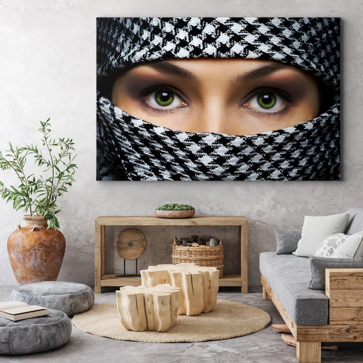 Obraz na plátne - Zelené oči ženy sú skryté za vzorovanou látkou v čiernobielej farbe. - 70x50cm - Portrét zahalenej zelenookej krásky - Moderná nástenná dekorácia do obývacej izby a spálne ARTTOR
