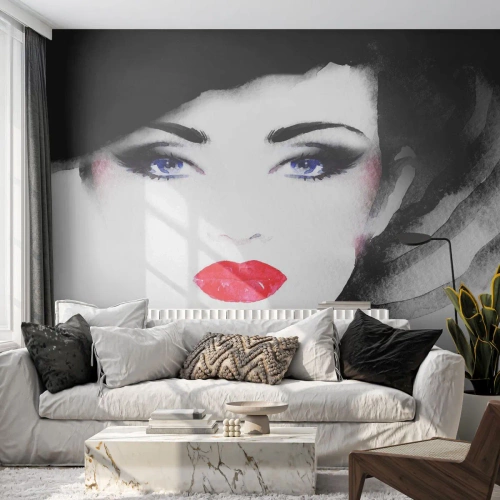 Samolepiaca Fototapeta Deluxe Sticker - Odháňa a privoláva - Ženská tvár, červené pery, Modré oči - 100x70 cm