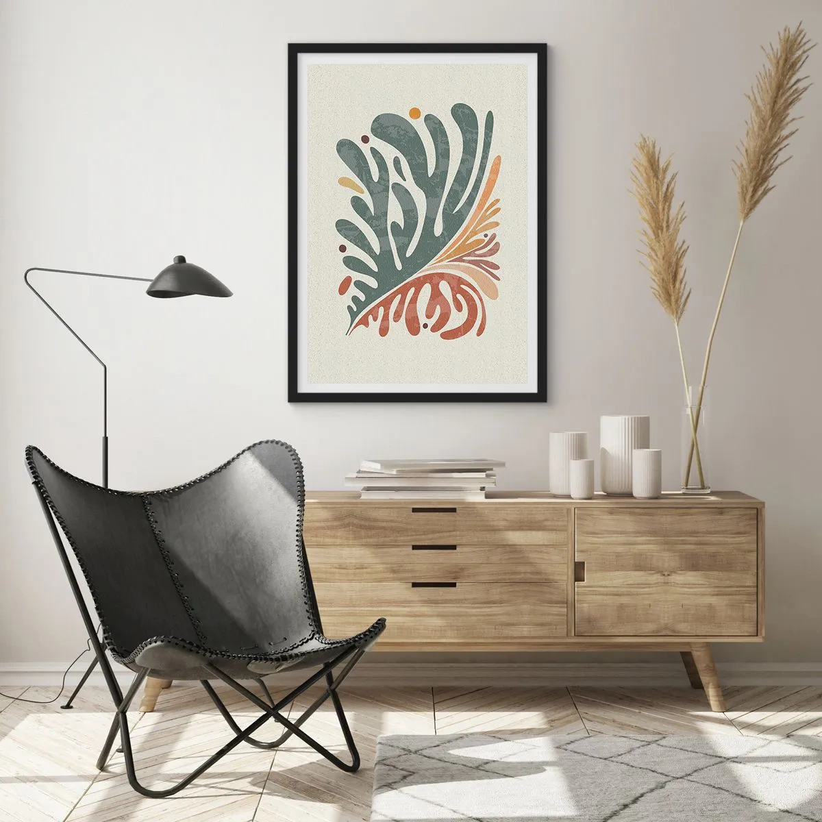 Plagát v čiernom ráme - Botanický listový vzor v zelených a hnedých tónoch - 50x70cm - Viacfarebný list - Moderná nástenná dekorácia do obývacej izby a spálne ARTTOR
