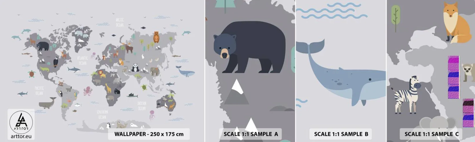 Vzorka samolepiacej fototapety Deluxe Sticker - Povedz mi, odkiaľ si... - Mapa sveta, Zvieratá, kontinentov - 100x30 cm