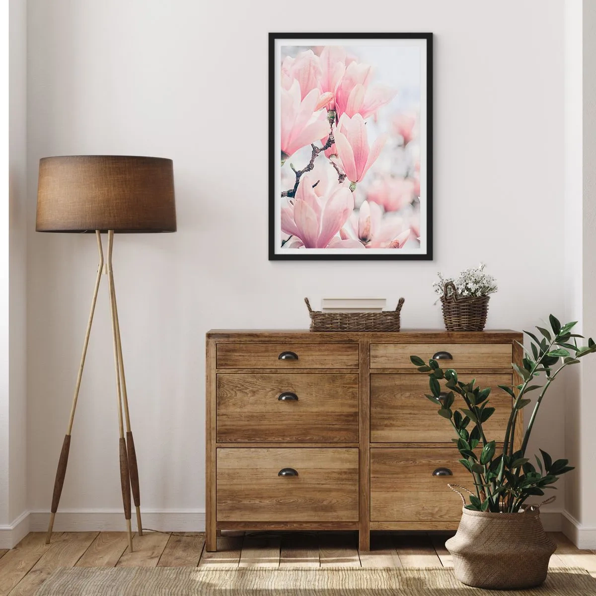 Plagát v čiernom ráme - Ružové magnólie v decentnom jarnom prostredí - 50x70cm - Ideál jemnosti - Moderná nástenná dekorácia do obývacej izby a spálne ARTTOR