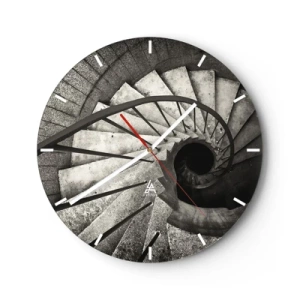 Nástenné hodiny - Čiernobiele točité schodisko s pohľadom nadol a geometrickým rozložením schodov - 30x30cm - Hore po schodoch, dole po schodoch - Moderná nástenná dekorácia do obývacej izby, kuchyne a spálne ARTTOR