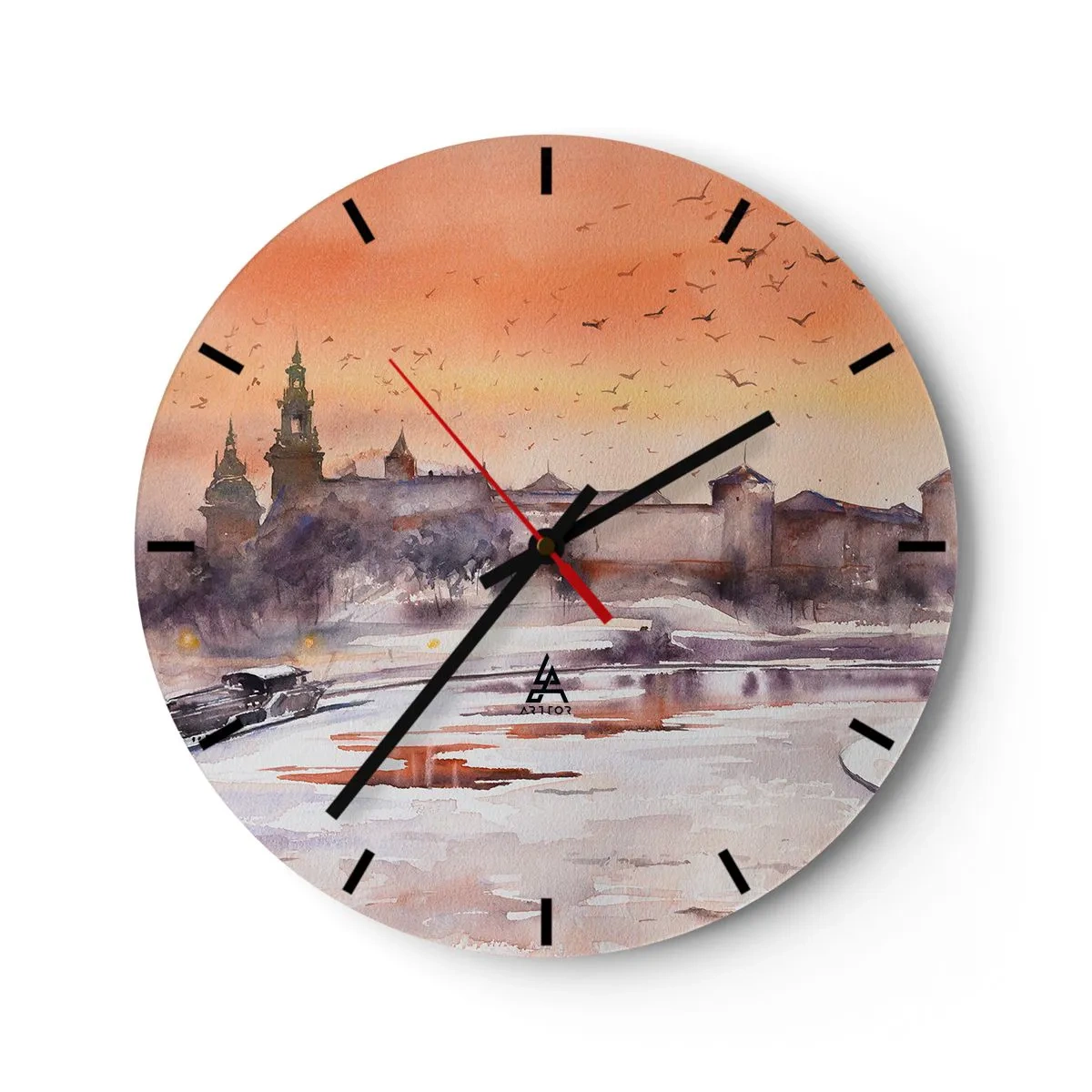 Nástenné hodiny - Západ slnka nad hradom s riekou a vtákmi na oblohe - 30x30cm - Kráľovský západ slnka - Moderná nástenná dekorácia do obývacej izby, kuchyne a spálne ARTTOR