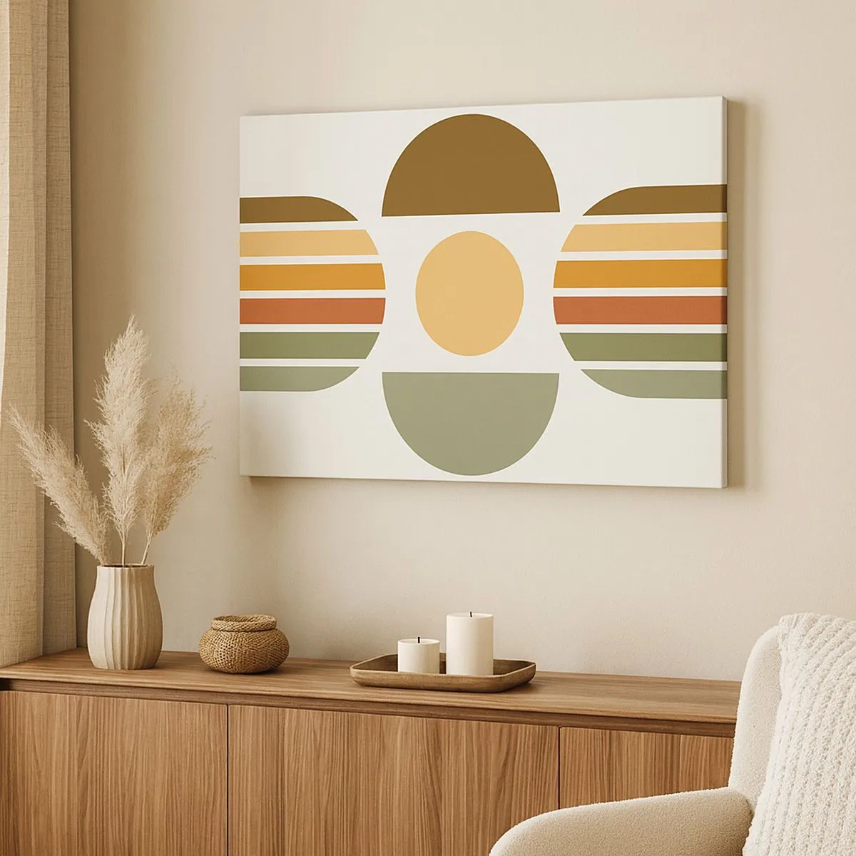 Obraz na plátne - Geometrická kompozícia s polkruhmi a pruhmi v zemitých tónoch - 70x50cm - Vo farbách zeme - Moderná nástenná dekorácia do obývacej izby a spálne ARTTOR