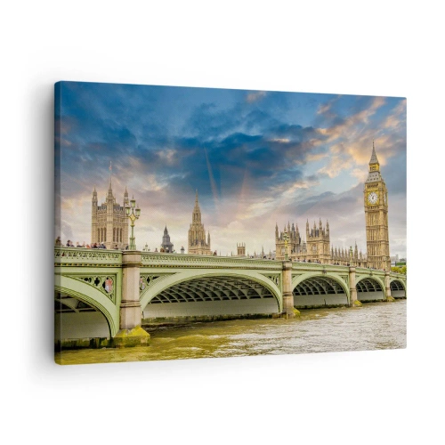 Obraz na plátne - Big Ben a Westminsterský most proti oblohe za súmraku - 70x50cm - Čas sa zastavil v Impériu - Moderná nástenná dekorácia do obývacej izby a spálne ARTTOR