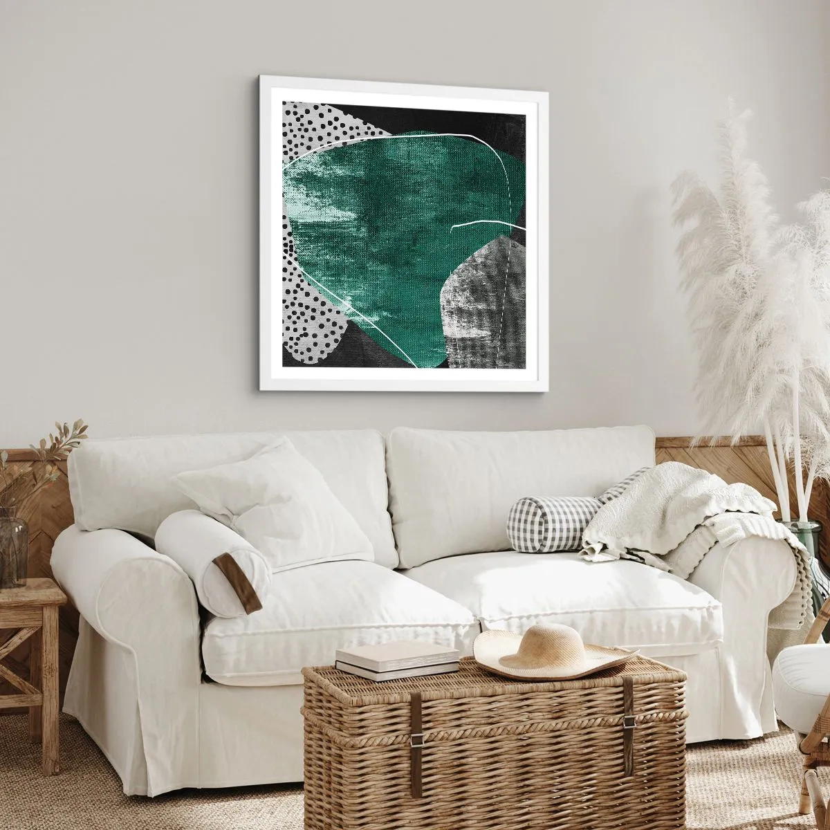 Plagát v bielom ráme - Farebná abstrakcia so zlatou vločkou - 50x50 cm