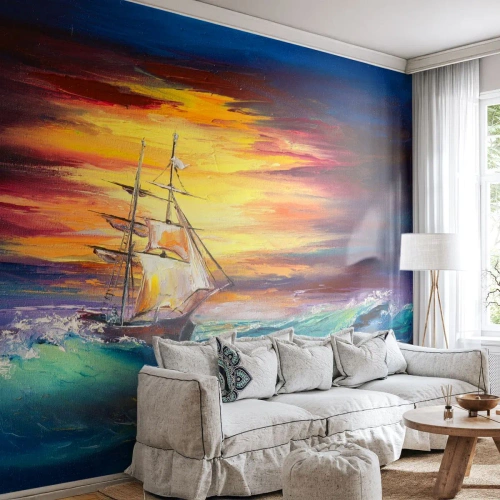 Fototapeta Standard Eco - Plachetnica v rozbúrenom mori pri západe slnka - 100x70cm - Statočne proti vlnám - Moderná nástenná dekorácia do obývacej izby a spálne ARTTOR