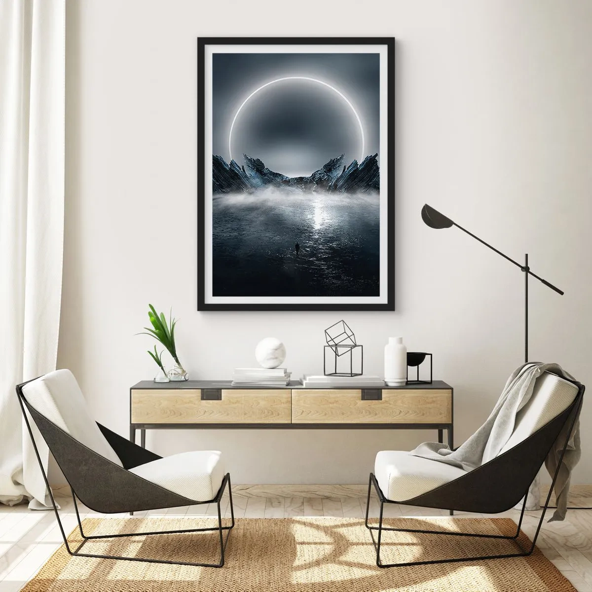 Plagát v čiernom ráme - Tajomná krajina s jasným kruhom na oblohe - 50x70cm - Finále príbehu - Moderná nástenná dekorácia do obývacej izby a spálne ARTTOR