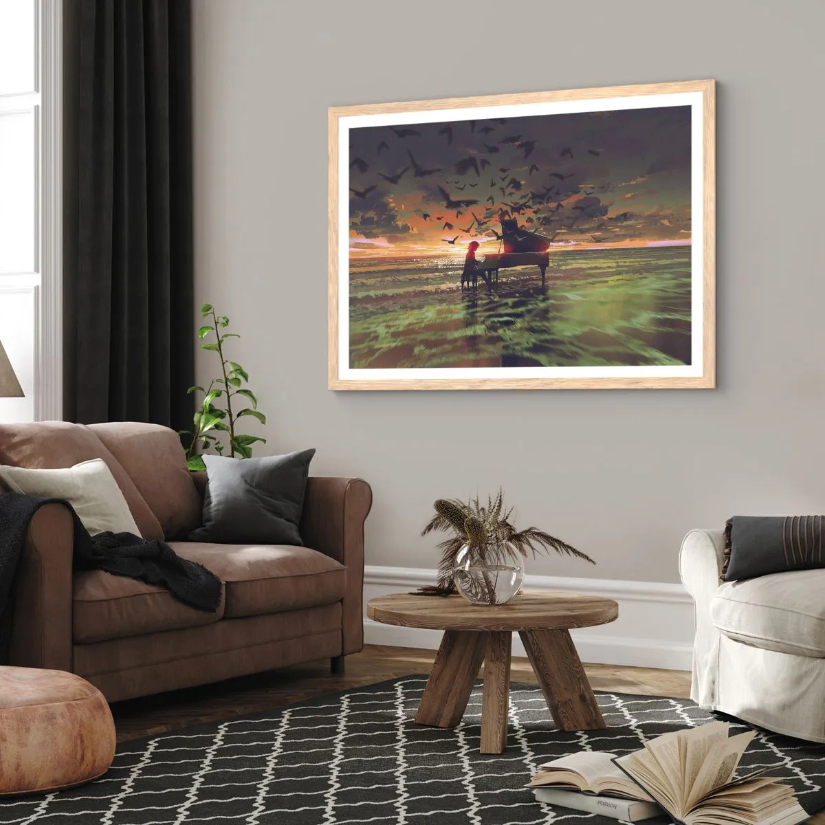 Plagát v ráme zo svetlého duba - Koncert na piano a vlny - 100x70 cm