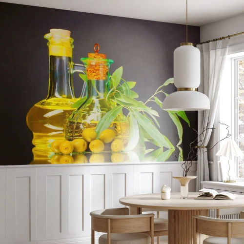Fototapeta Premium Canvas - Zátišie s olivami a olejom - Gastronómia, Olivy, Olej - 250x175 cm