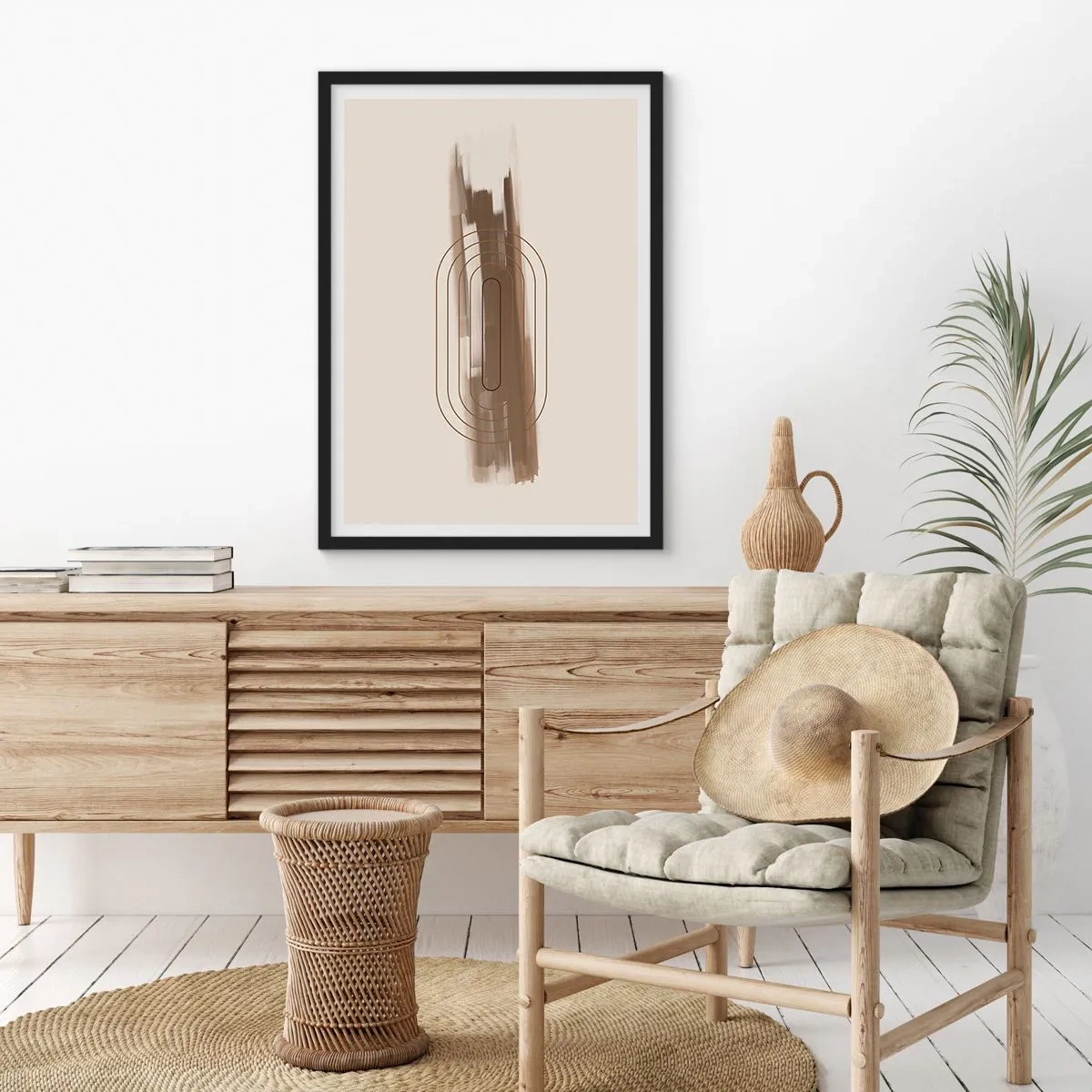 Plagát v čiernom ráme - Geometrický tvar v odtieňoch hnedej a béžovej - 50x70cm - Závan šedej - Moderná nástenná dekorácia do obývacej izby a spálne ARTTOR