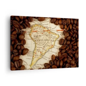 Obraz na plátne - Mapa Južnej Ameriky obklopená kávovými zrnami. - 70x50cm - Odkiaľ je najlepšia káva? - Moderná nástenná dekorácia do obývacej izby a spálne ARTTOR