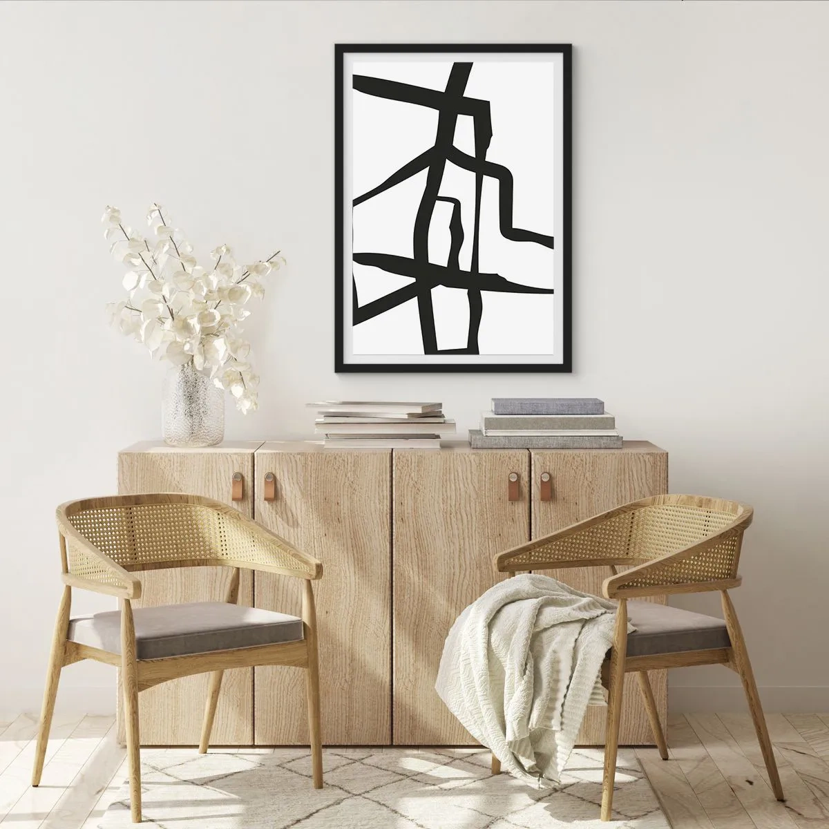 Plagát v čiernom ráme - Abstraktná kompozícia čiernych čiar na bielom pozadí - 50x70cm - Čiernobiela konštrukcia - Moderná nástenná dekorácia do obývacej izby a spálne ARTTOR