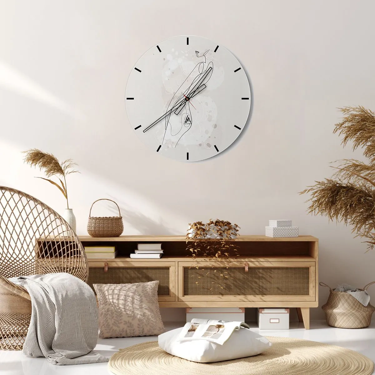 Nástenné hodiny - Minimalistická silueta ženy nakreslená tenkou čiarou na svetlom pozadí. - 30x30cm - Zablúdiť pohľadom - Moderná nástenná dekorácia do obývacej izby, kuchyne a spálne ARTTOR