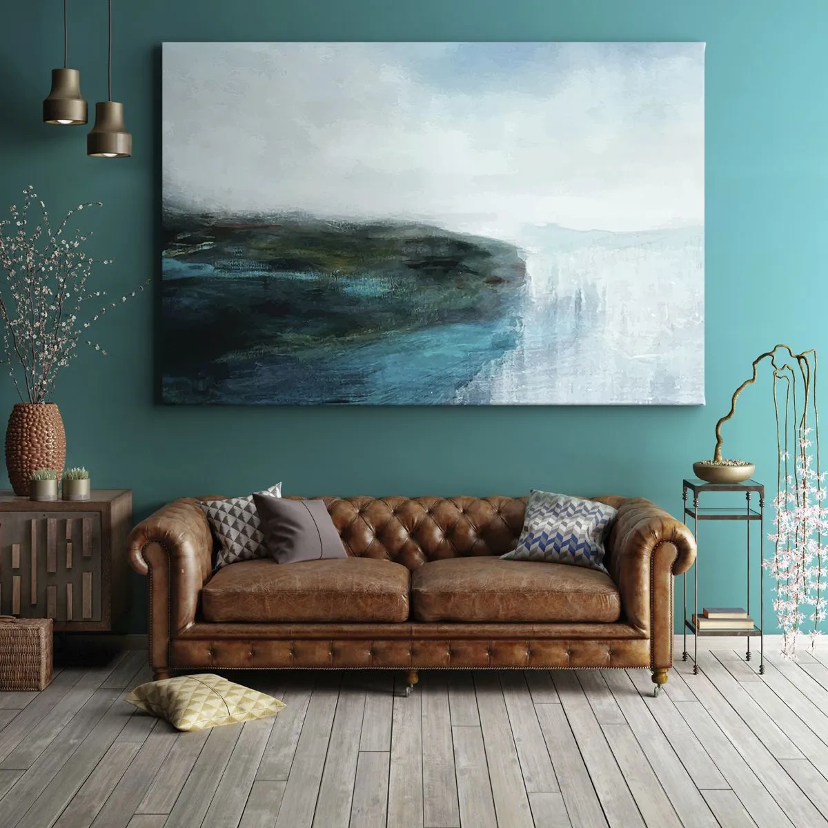 Obraz na plátne - Abstraktná krajina v odtieňoch tyrkysovej a sivej - 70x50cm - Námorná abstrakcia - Moderná nástenná dekorácia do obývacej izby a spálne ARTTOR
