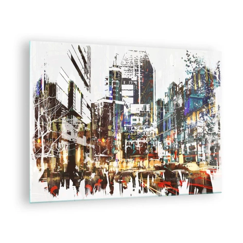 Obraz na skle - Farebné mestské svetlá v umeleckom, trblietavom štýle - 70x50cm - Trblietavé mesto - Moderná nástenná dekorácia do obývacej izby a spálne ARTTOR