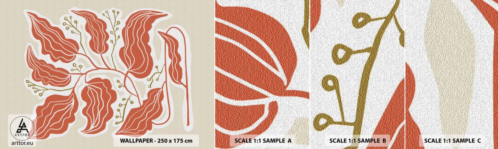 Vzorka Fototapeta Standard Eco - Ľudovo a koralovo - Boho, Botanický, Kvety - 100x30 cm