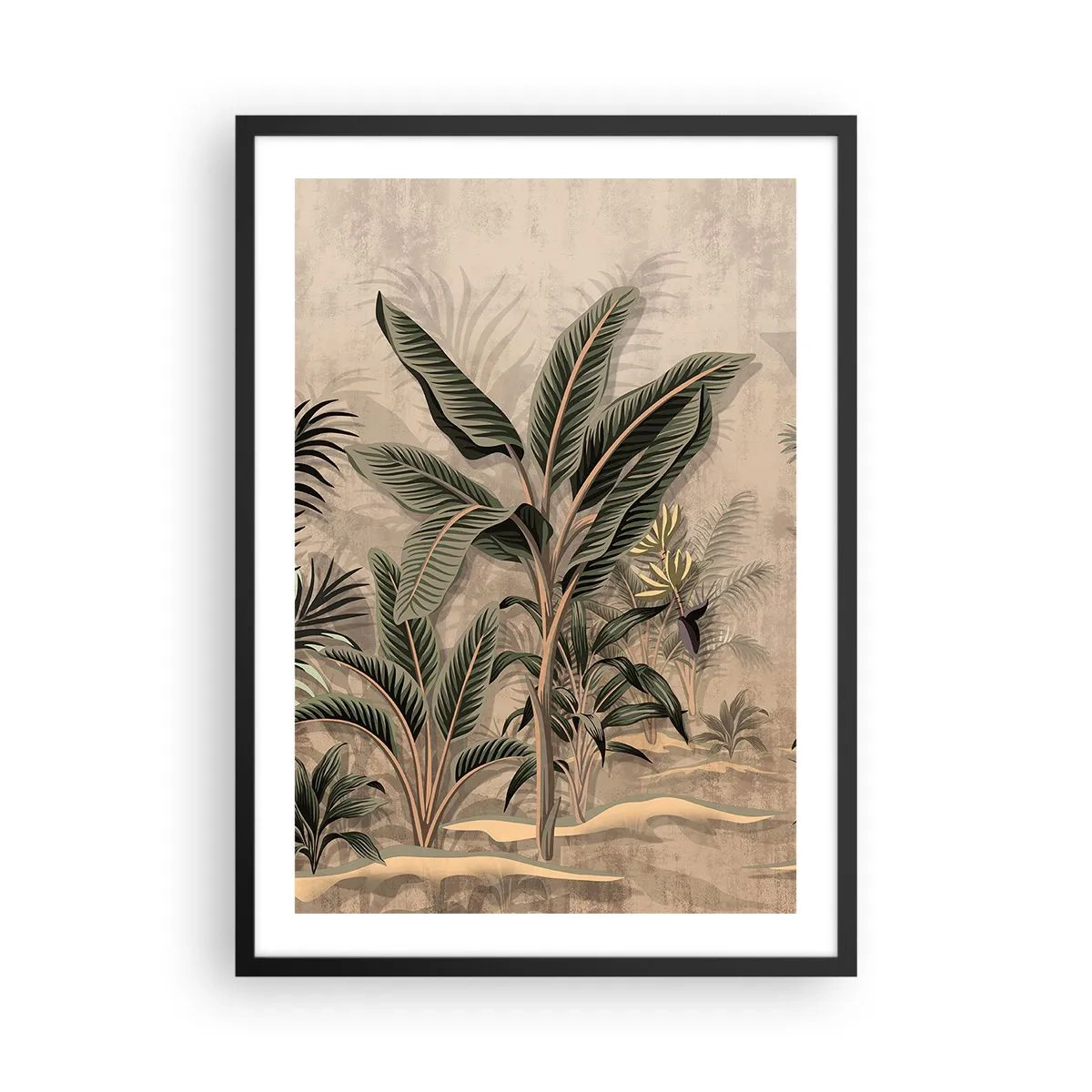 Plagát v čiernom ráme - Exotická vegetácia na béžovom pozadí - 50x70cm - Rytina v koloniálnom štýle - Moderná nástenná dekorácia do obývacej izby a spálne ARTTOR