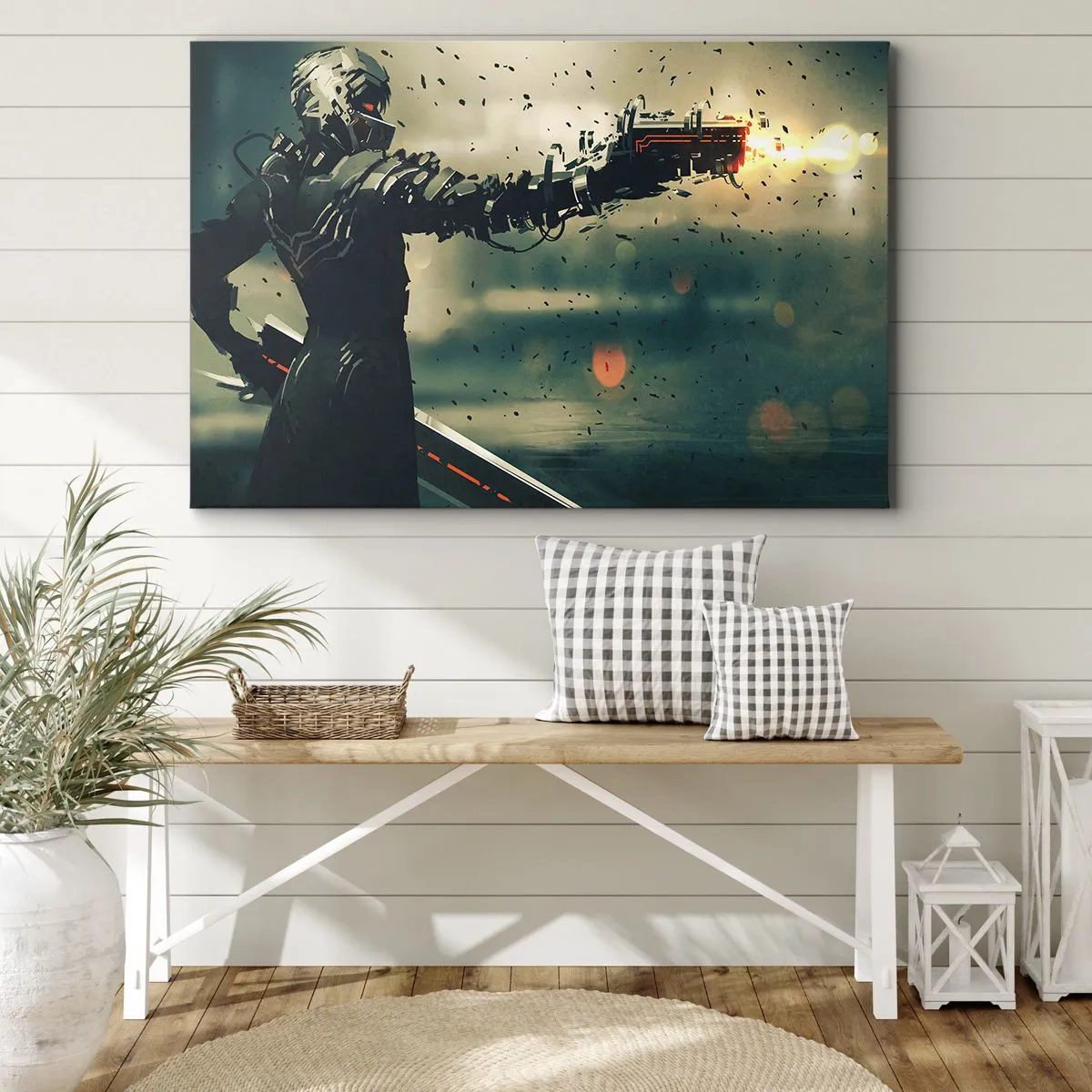 Obraz na plátne - Kybernetický bojovník s futuristickými zbraňami - 70x50cm - Vražedná zbraň - tvoj vlastný terminátor - Moderná nástenná dekorácia do obývacej izby a spálne ARTTOR