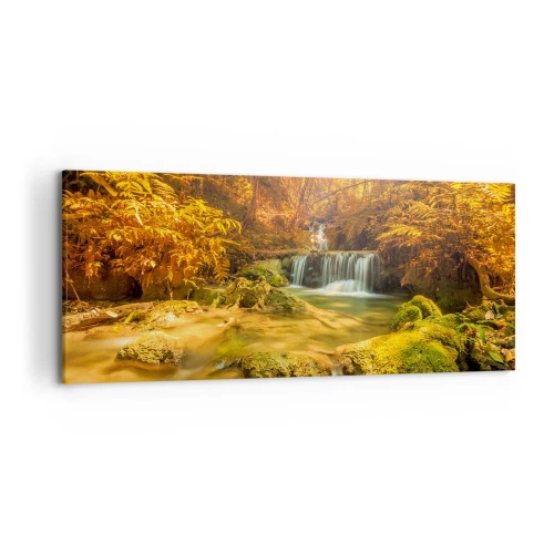 Obraz na plátne - Lesný vodopád v zlate - 120x50 cm