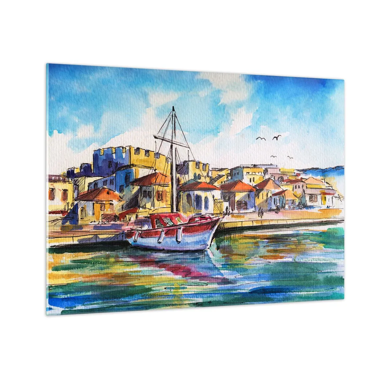 Obraz na skle - Farebný prístav s plachetnicou a stredomorskou architektúrou - 70x50cm - Dúhové popoludnie - Moderná nástenná dekorácia do obývacej izby a spálne ARTTOR