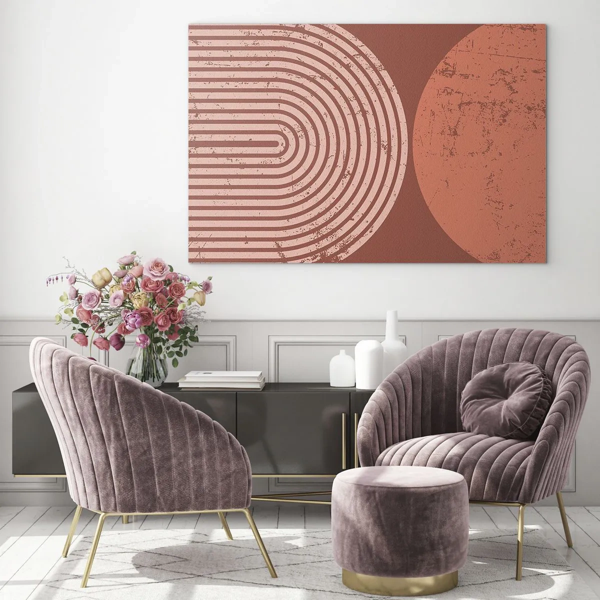 Obraz na skle - Geometrická hrdzavo sfarbená grafika s polkruhom a kruhom - 70x50cm - Blízky vzťah - Moderná nástenná dekorácia do obývacej izby a spálne ARTTOR