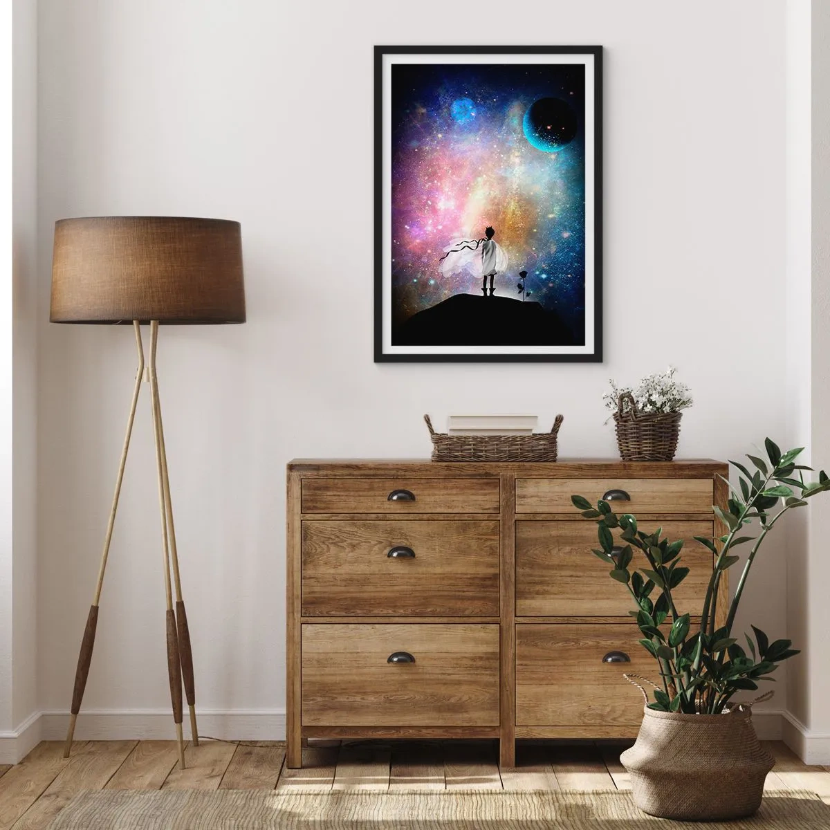 Plagát v čiernom ráme - Fantastická vesmírna scéna so siluetou postavy a ruže - 50x70cm - Malý princ - Moderná nástenná dekorácia do obývacej izby a spálne ARTTOR